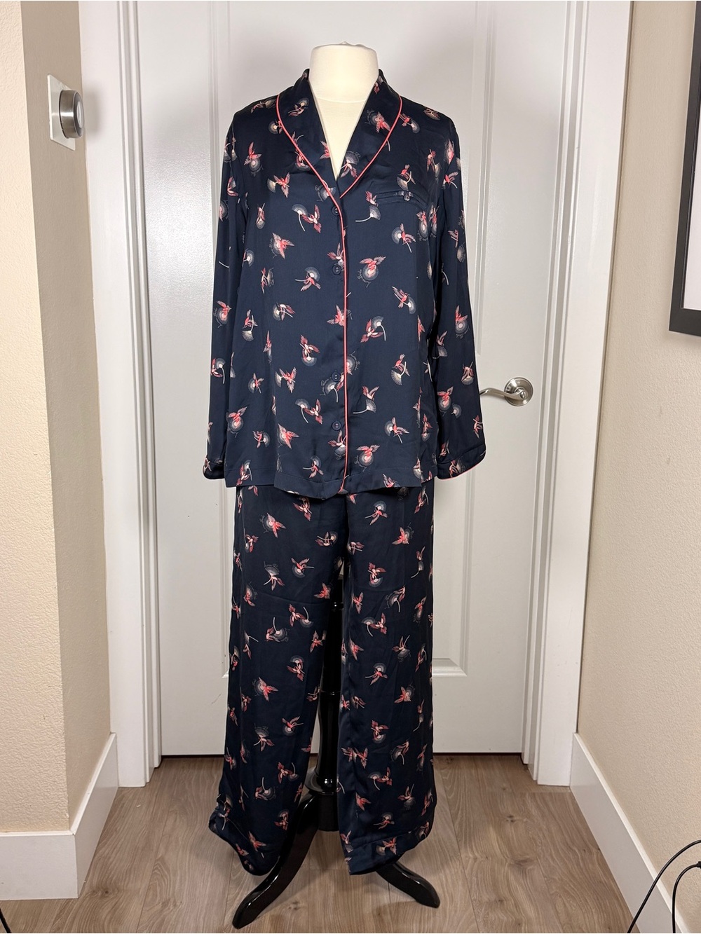 Rosie for Autograph Satin Hummingbird Revere Collar Pajama Set Navy Floral Sz 12